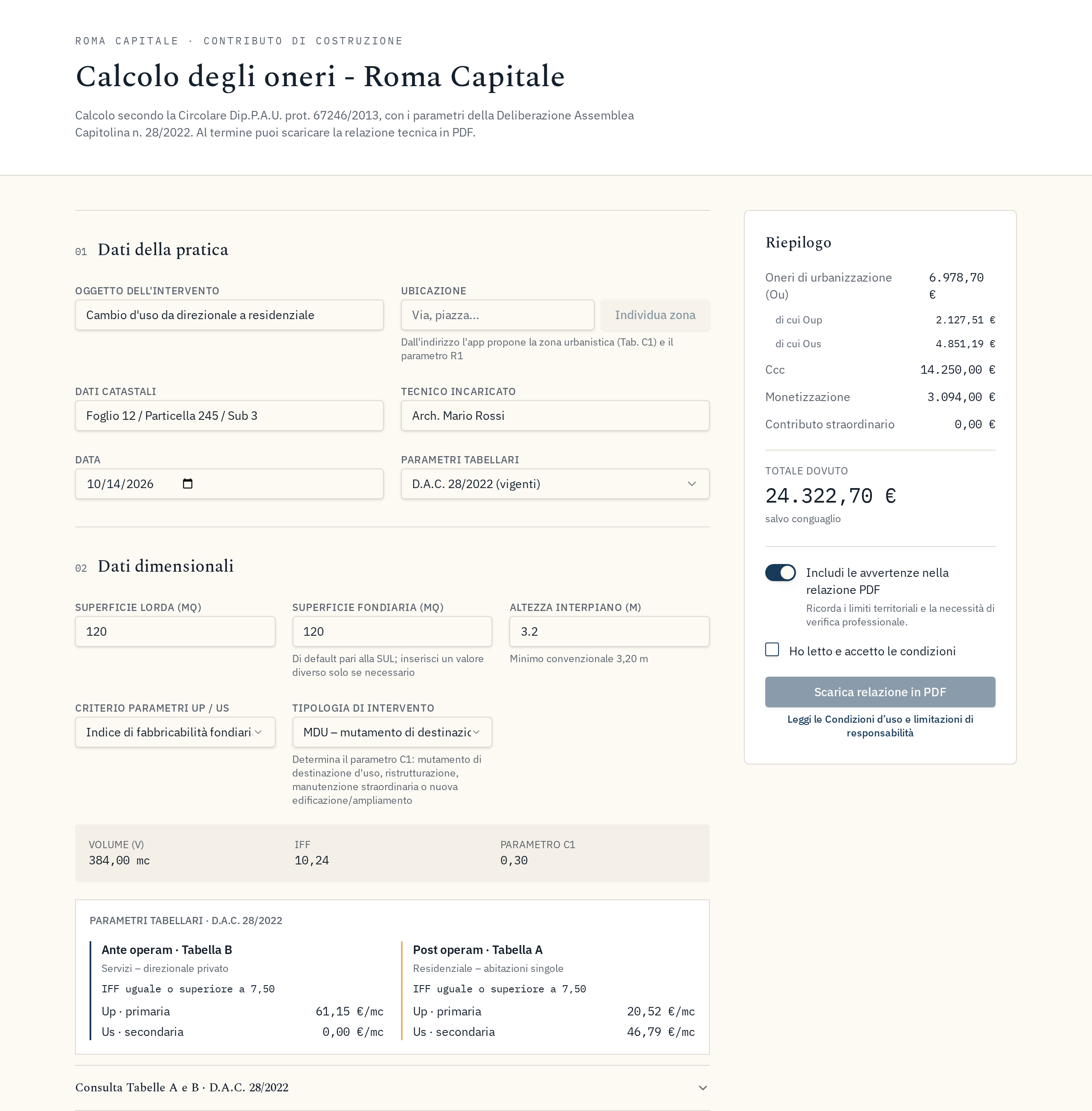 Schermata del calcolatore con i dati della pratica e il riepilogo degli oneri
